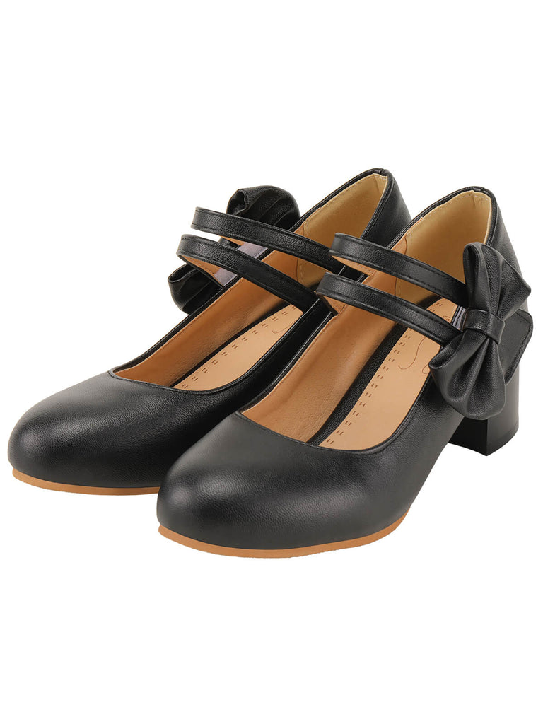 Chaussures Mary Jane noires à talons épais avec nœud