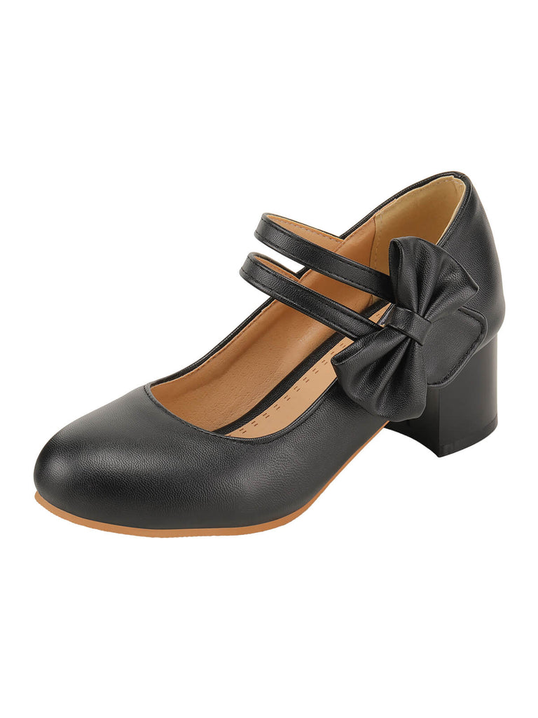 Chaussures Mary Jane noires à talons épais avec nœud