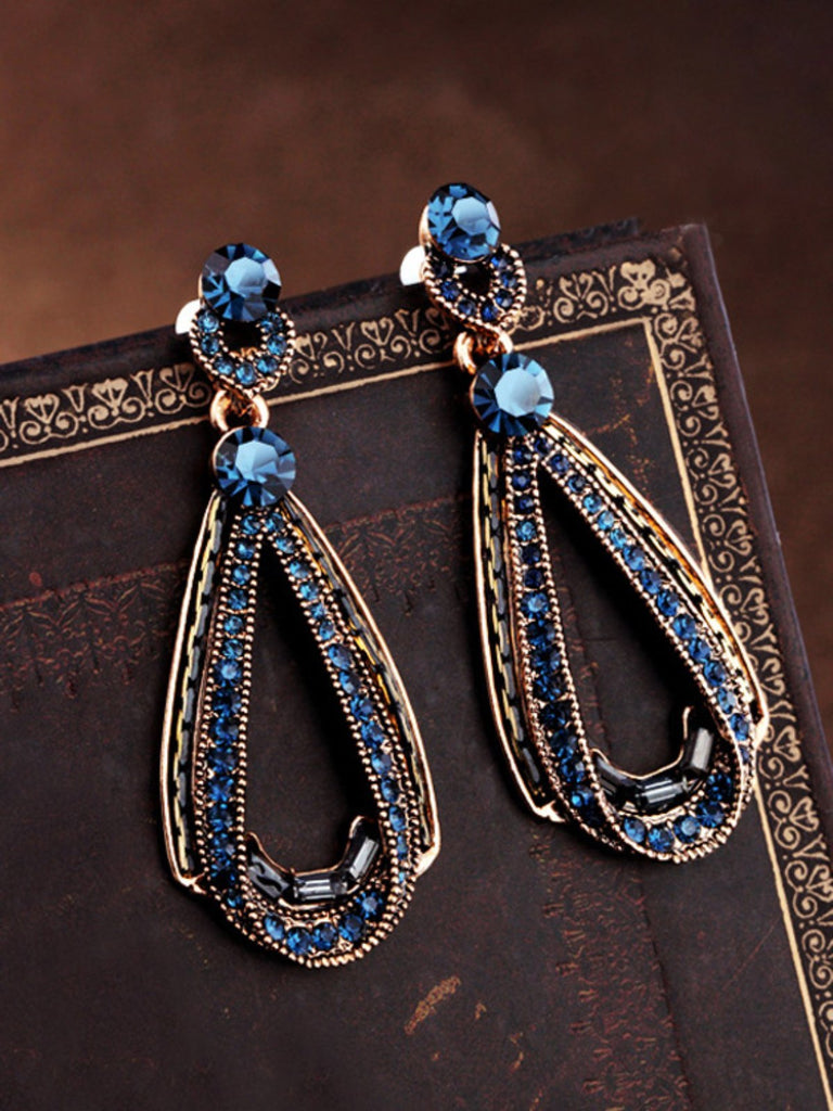 Boucles d'oreilles pendantes creuses en strass bleu