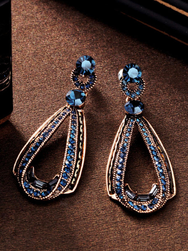Boucles d'oreilles pendantes creuses en strass bleu – Retro Stage-France