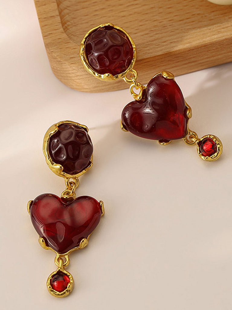 Boucles d’oreilles vintage en résine coeur bordeaux