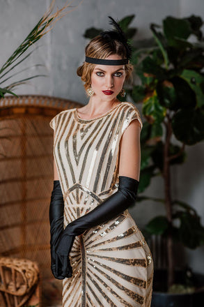 Robe Charleston Vintage Année 20 Gatsby Maxi à Paillettes Déco Nœud Papillon