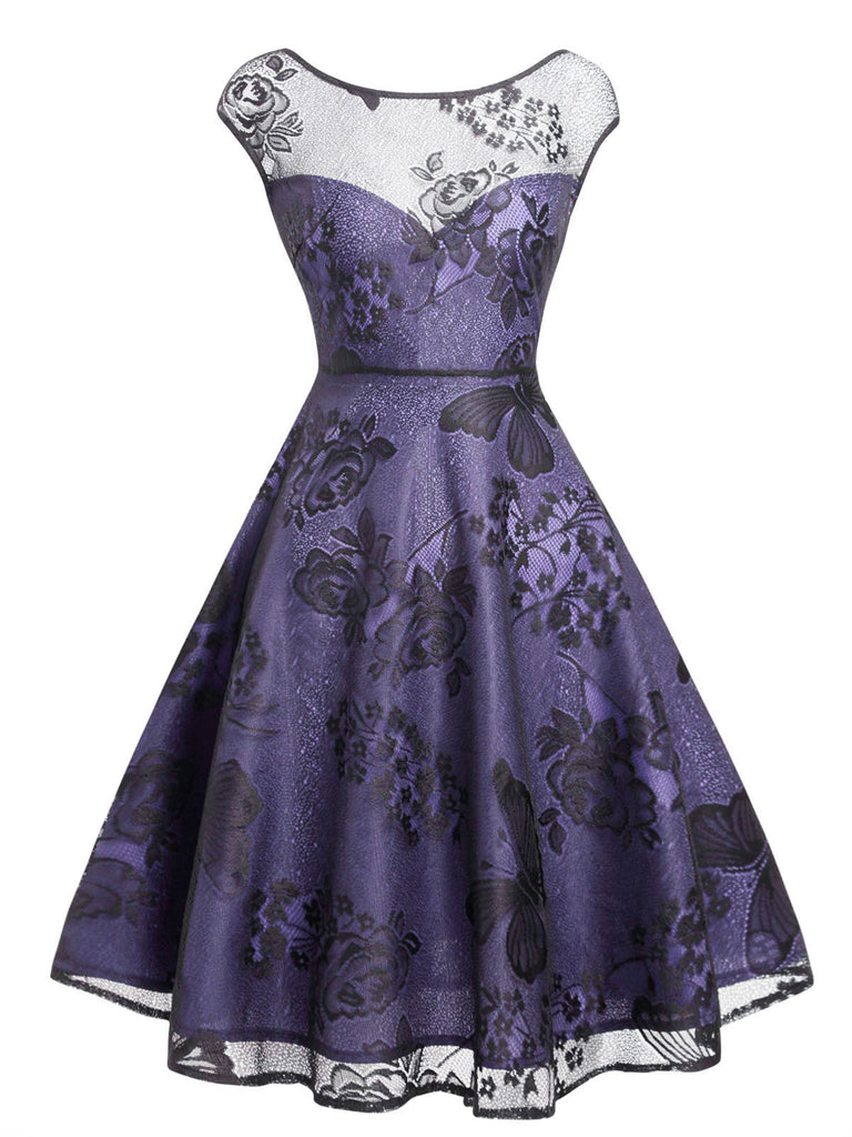 Robe Vintage Année 50 Florale en Dentelle Violette Cocktail Pin Up