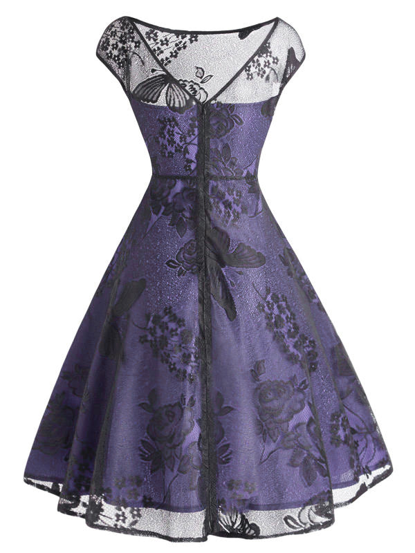 Robe Vintage Année 50 Florale en Dentelle Violette Cocktail Pin Up