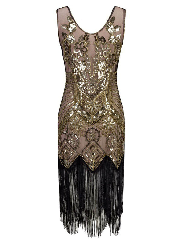 [Produits en liquidation] Robe Charleston Vintage Année 20 Gatsby à Fleurs Flapper avec Perles