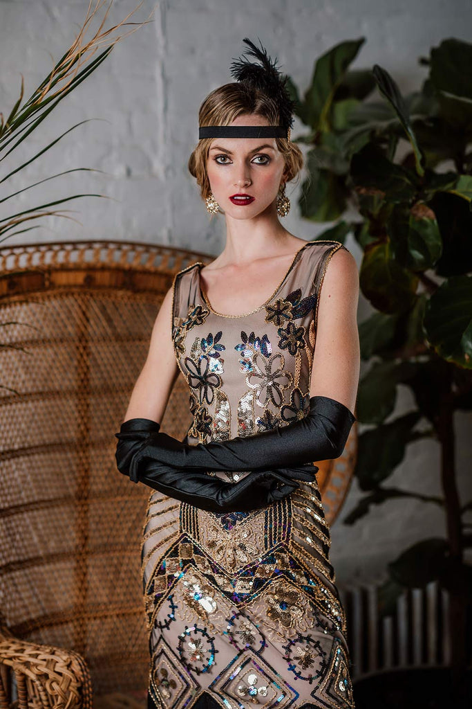 [Produits en liquidation] Robe Charleston Vintage Année 20 Gatsby à Fleurs Flapper avec Perles