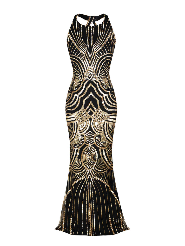 Robe Charleston Longue Vintage Année 20 Paillettes Dos Or Soirée Cocktail