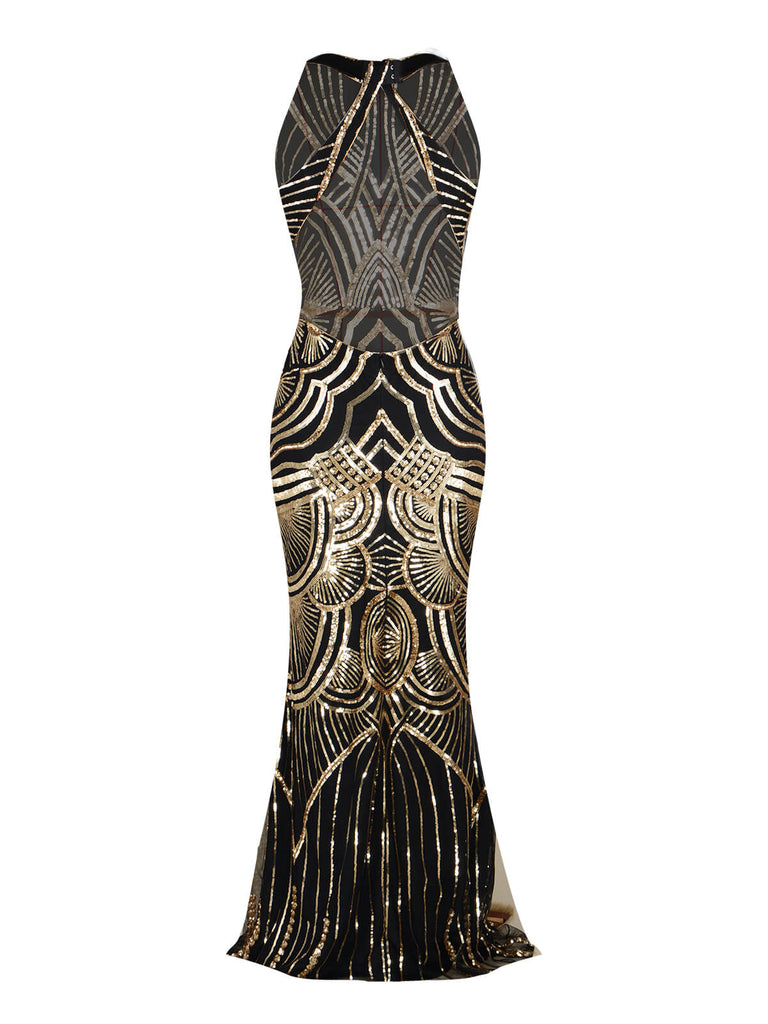 Robe Charleston Longue Vintage Année 20 Paillettes Dos Or Soirée Cocktail