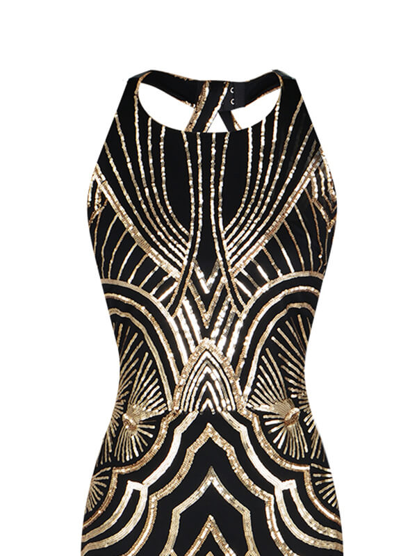 Robe Charleston Longue Vintage Année 20 Paillettes Dos Or Soirée Cocktail