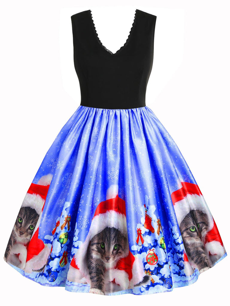 Robe de Noël Année 50 Patchwork Bleu de Chat Décolleté Chic