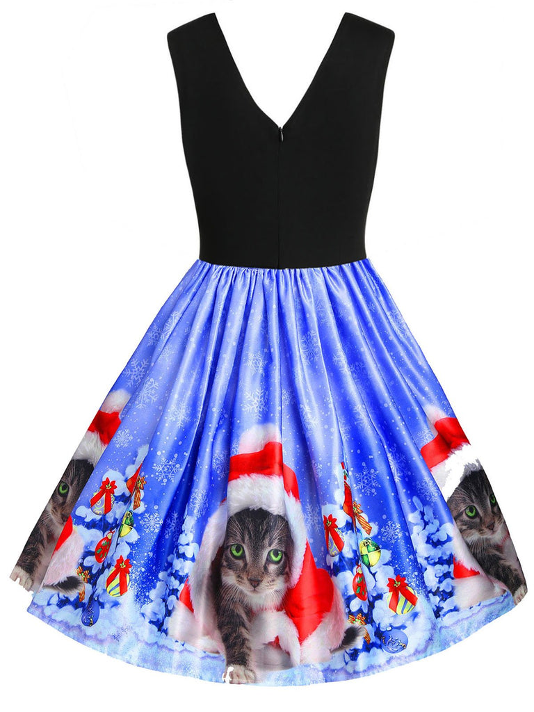 Robe de Noël Année 50 Patchwork Bleu de Chat Décolleté Chic