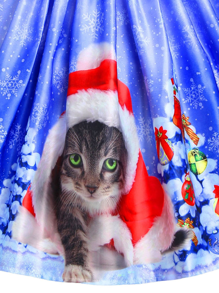 Robe de Noël Année 50 Patchwork Bleu de Chat Décolleté Chic