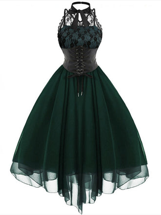 Robe de Vampire Déguisement Gothique Steampunk en Dentelle Vert