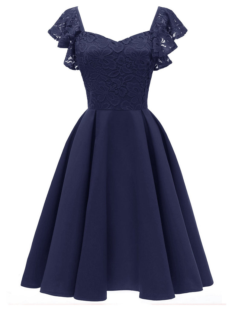 Robe Swing Vintage Année 50 Dentelle Solide en Satin Soirée Cocktail