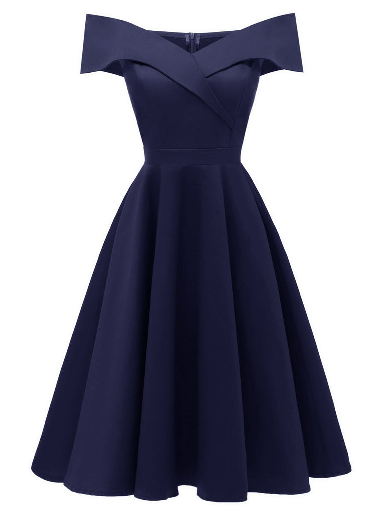 Robe Swing Vintage Année 50 Solide Epaule Nu Soirée Cocktail