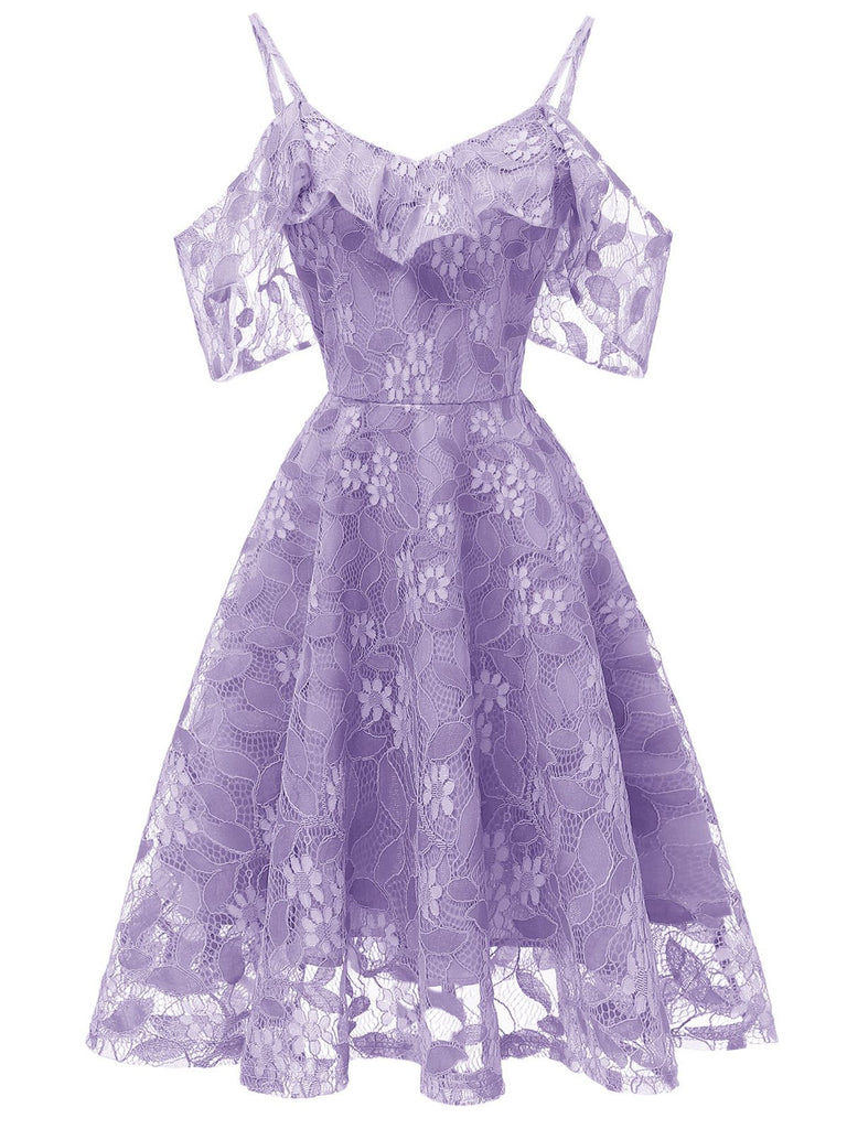 Robe Vintage Année 50 à Volants Dos Nu en dentelle Violet Soirée Cocktail