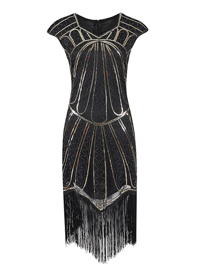 Robe de Soirée Noir Vintage Charleston 1920 Sans Manches à Franges Cocktail