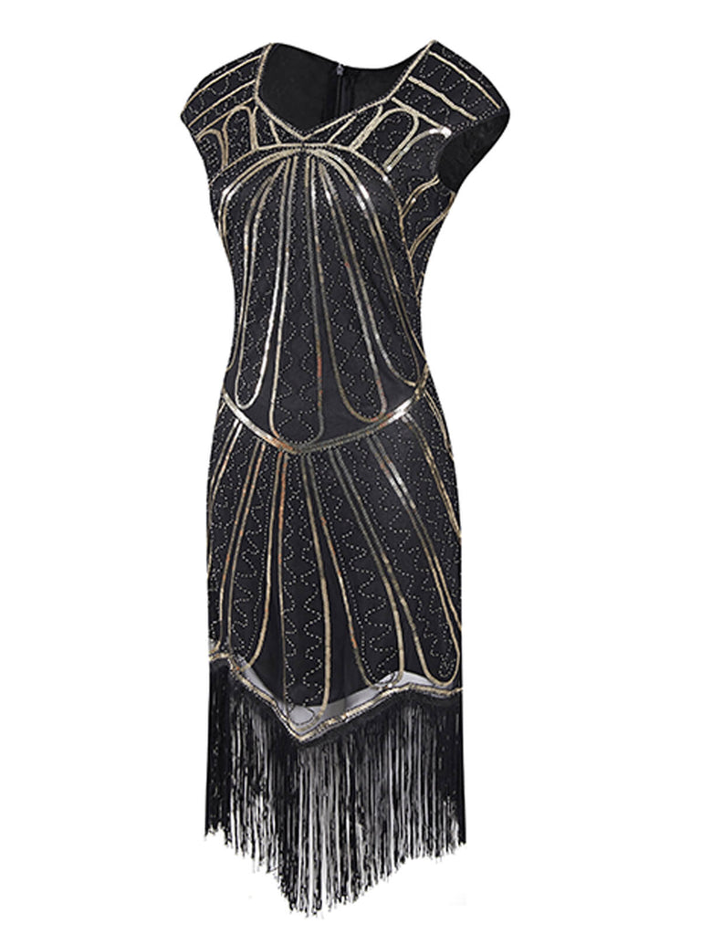 Robe de Soirée Noir Vintage Charleston 1920 Sans Manches à Franges Cocktail