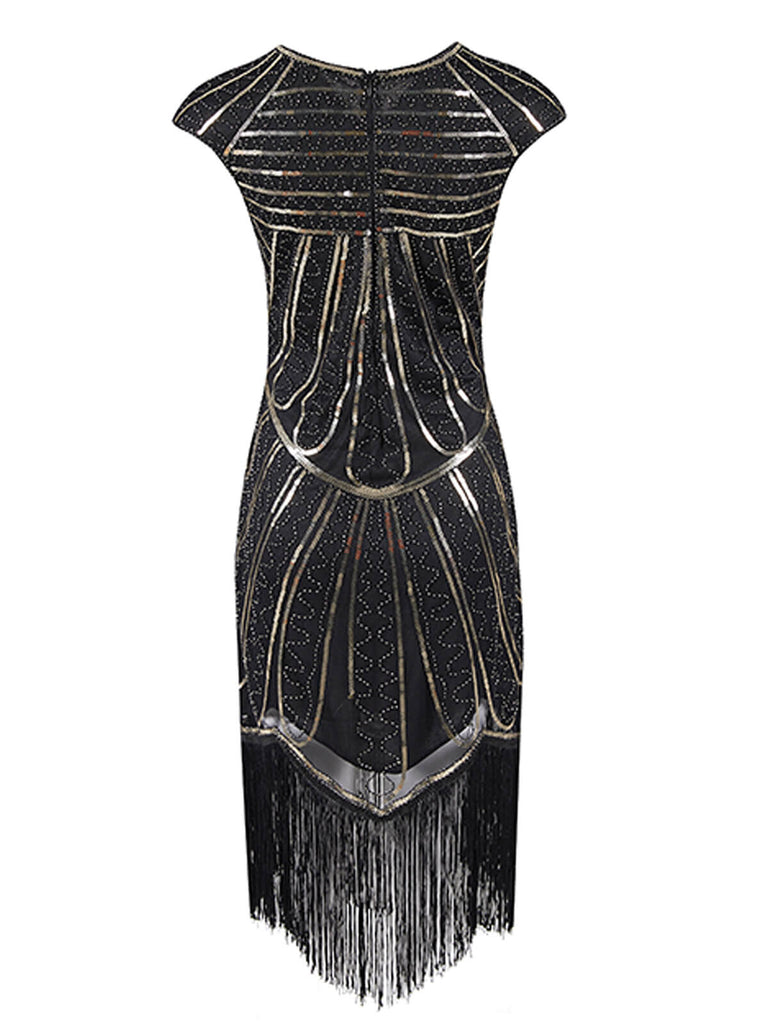 Robe de Soirée Noir Vintage Charleston 1920 Sans Manches à Franges Cocktail
