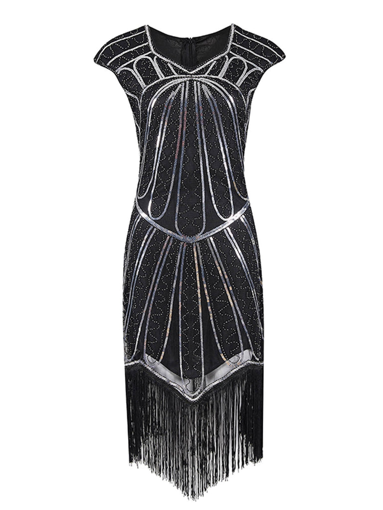 Robe de Soirée Noir Vintage Charleston 1920 Sans Manches à Franges Cocktail
