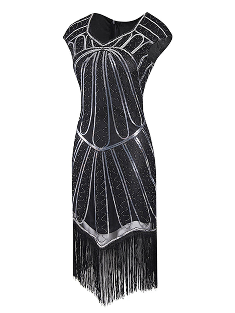 Robe de Soirée Noir Vintage Charleston 1920 Sans Manches à Franges Cocktail