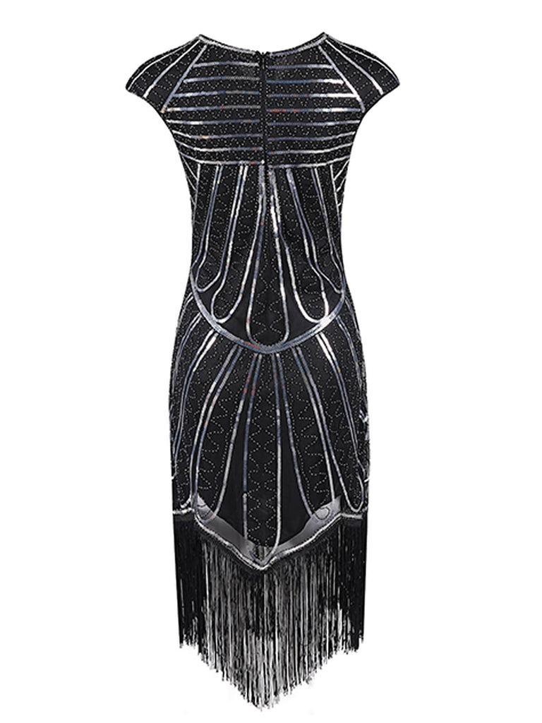 Robe de Soirée Noir Vintage Charleston 1920 Sans Manches à Franges Cocktail