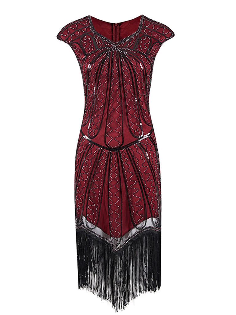 Robe de Soirée Rouge Vintage Charleston Année 20 Flapper Sans Manches à Franges
