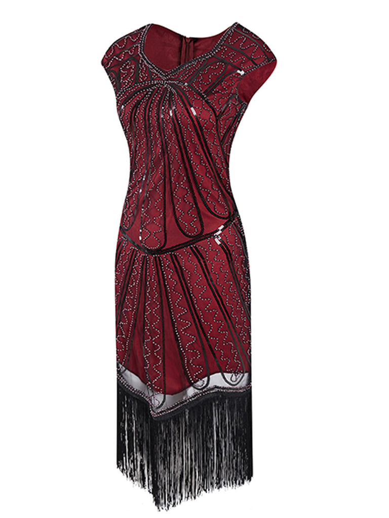Robe de Soirée Rouge Vintage Charleston Année 20 Flapper Sans Manches à Franges