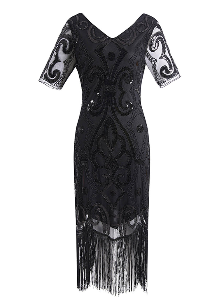 Robe Charleston Vintage Noir Année 20 de Soirée à Paillettes à Imprimé Floral