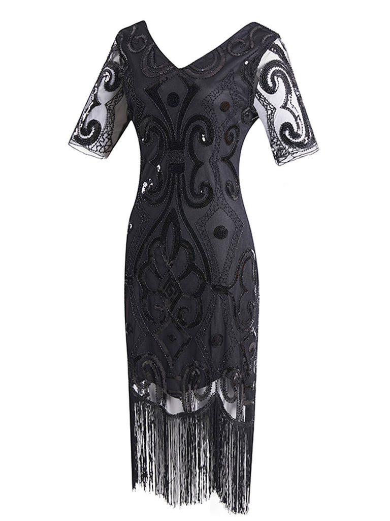 Robe Charleston Vintage Noir Année 20 de Soirée à Paillettes à Imprimé Floral