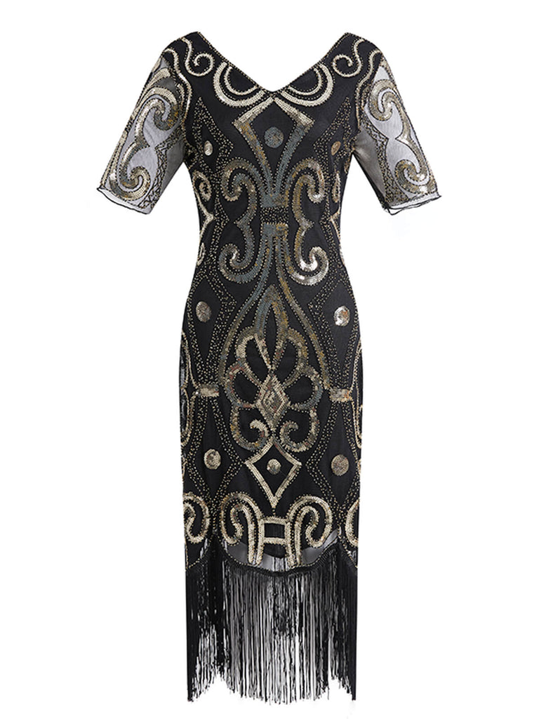 Robe Charleston Vintage Noir Année 20 de Soirée à Paillettes à Imprimé Floral