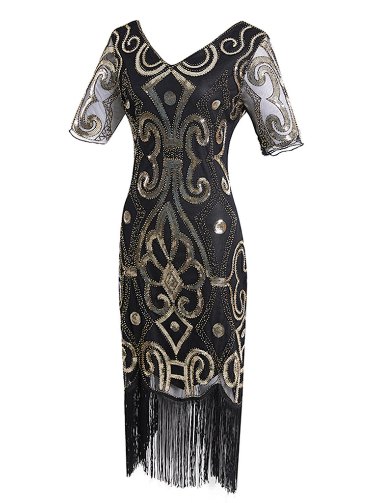 Robe Charleston Vintage Noir Année 20 de Soirée à Paillettes à Imprimé Floral