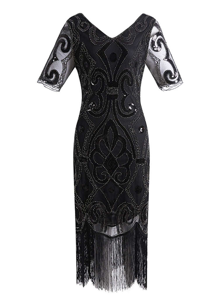 [Produits en Liquidation] Robe Charleston Vintage Noir Année 20 de Soirée à Paillettes à Imprimé Floral