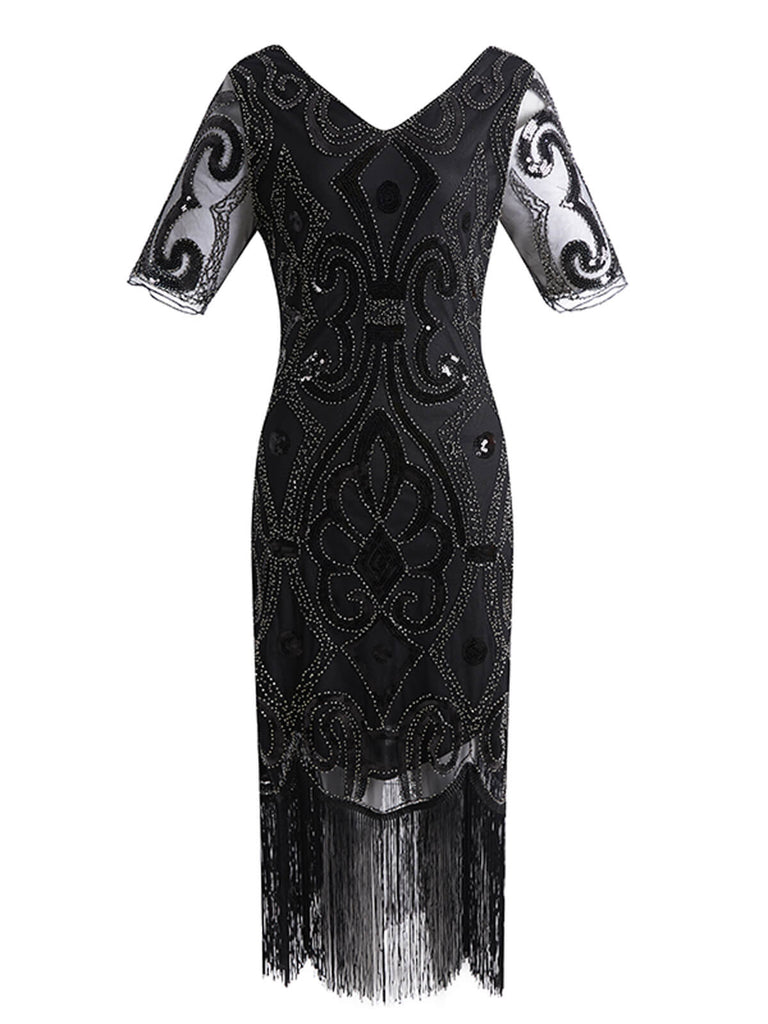 Robe Charleston Vintage Noir Année 20 de Soirée à Paillettes à Imprimé Floral