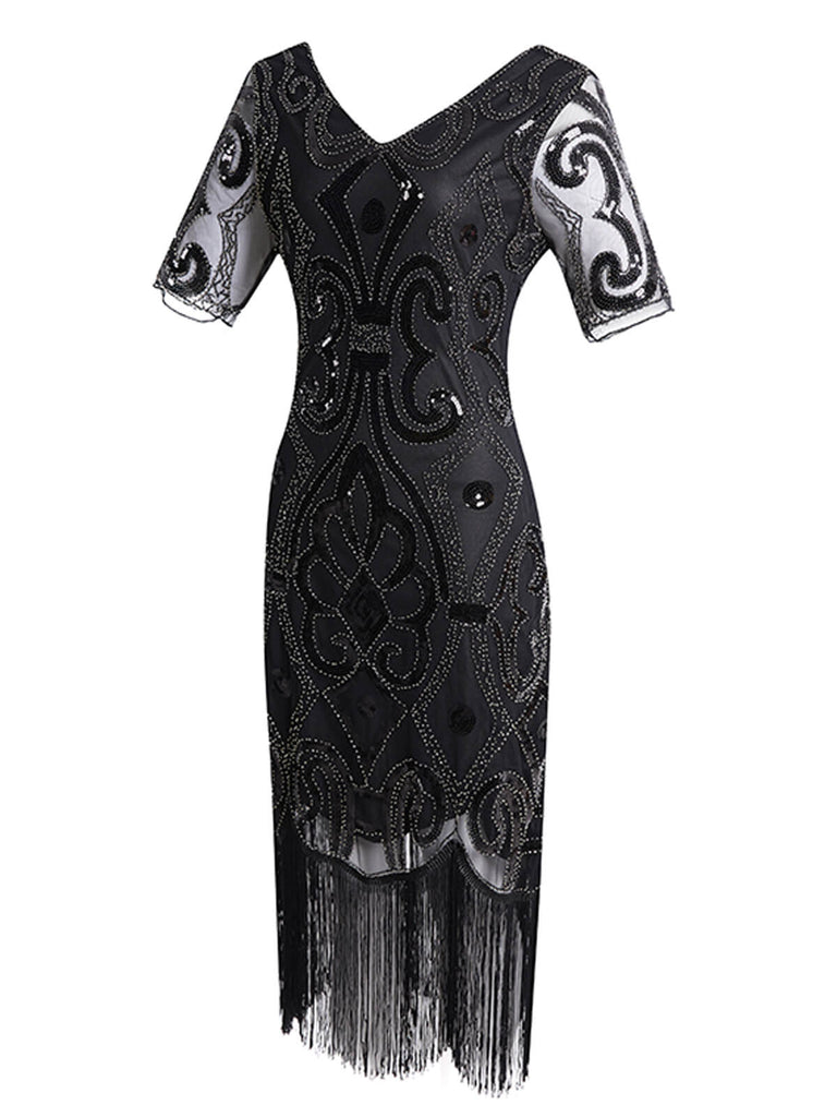 Robe Charleston Vintage Noir Année 20 de Soirée à Paillettes à Imprimé Floral