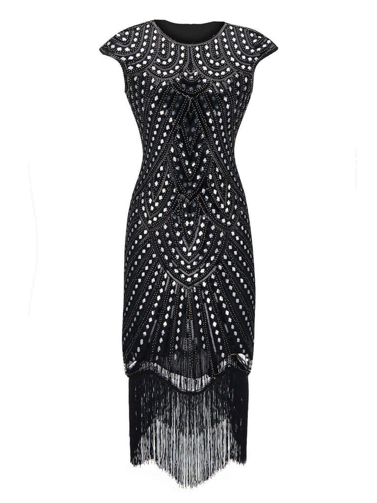[Produits en Liquidation] Robe Charleston Noir Vintage Année 20 Gatsby Imprimer Perlée Frangé