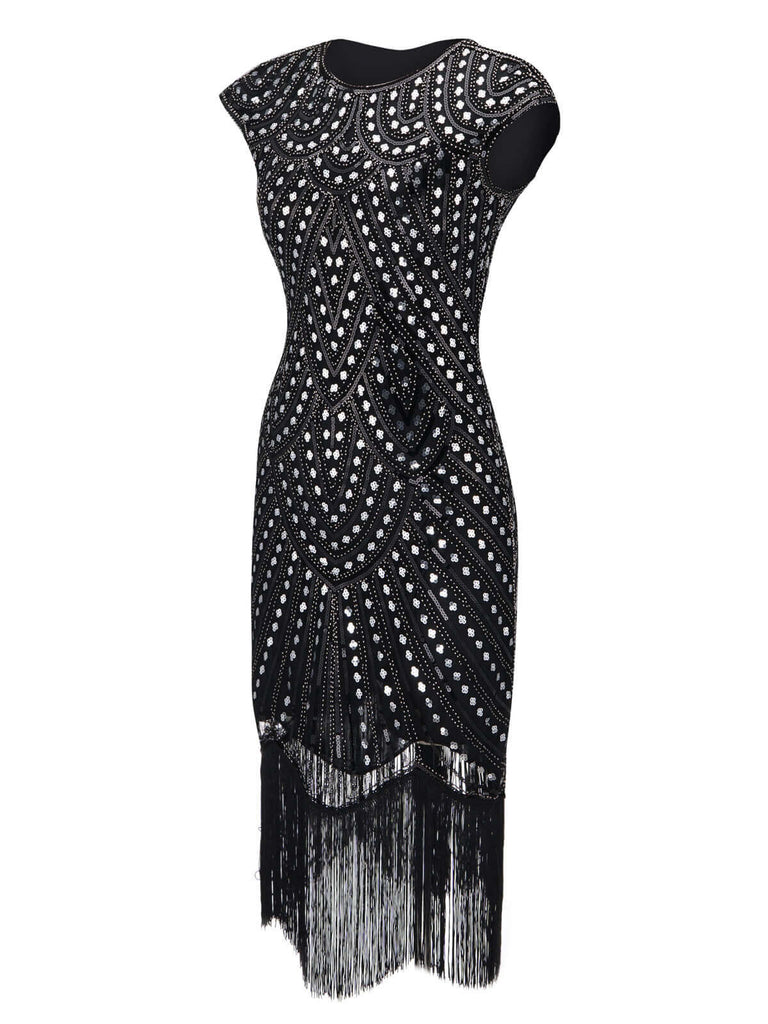 [Produits en Liquidation] Robe Charleston Noir Vintage Année 20 Gatsby Imprimer Perlée Frangé