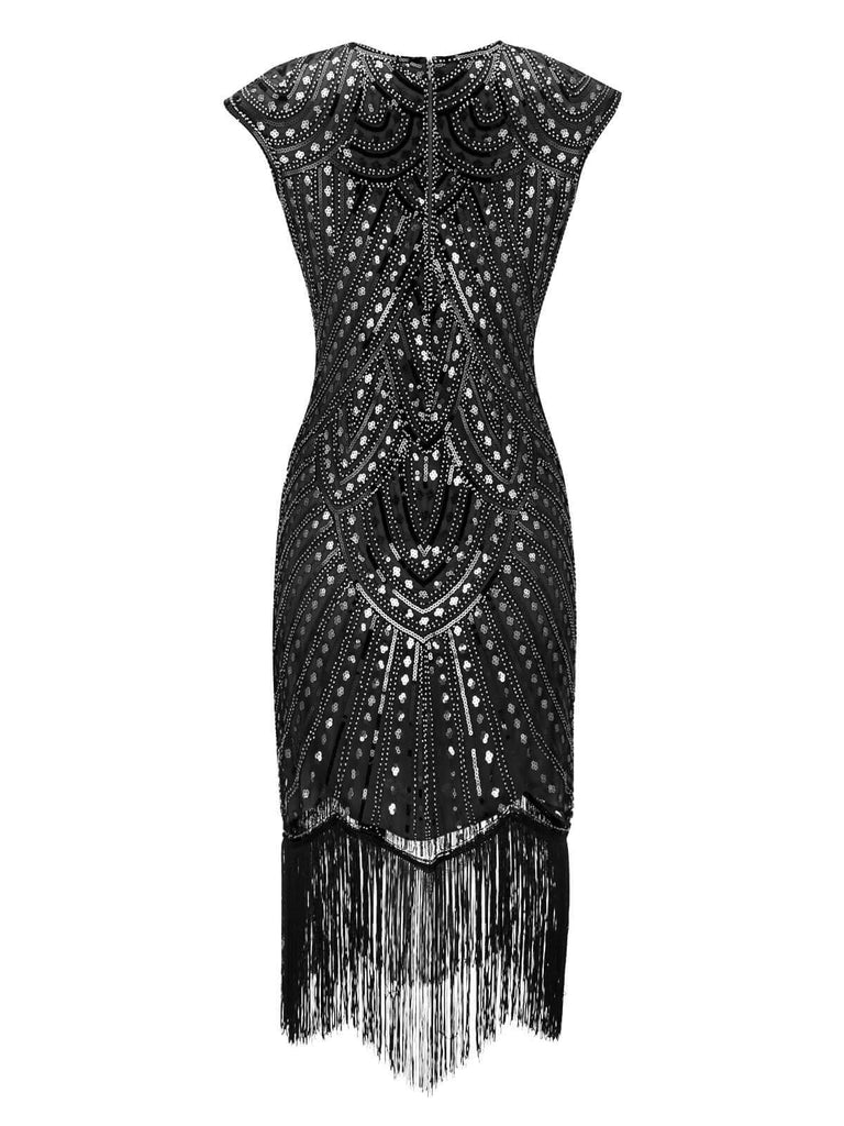 [Produits en Liquidation] Robe Charleston Noir Vintage Année 20 Gatsby Imprimer Perlée Frangé