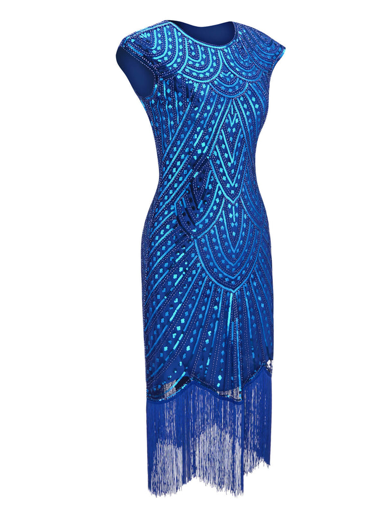 Robe Charleston Bleu Vintage Années 20 Gatsby Imprimer Perlée Frangé