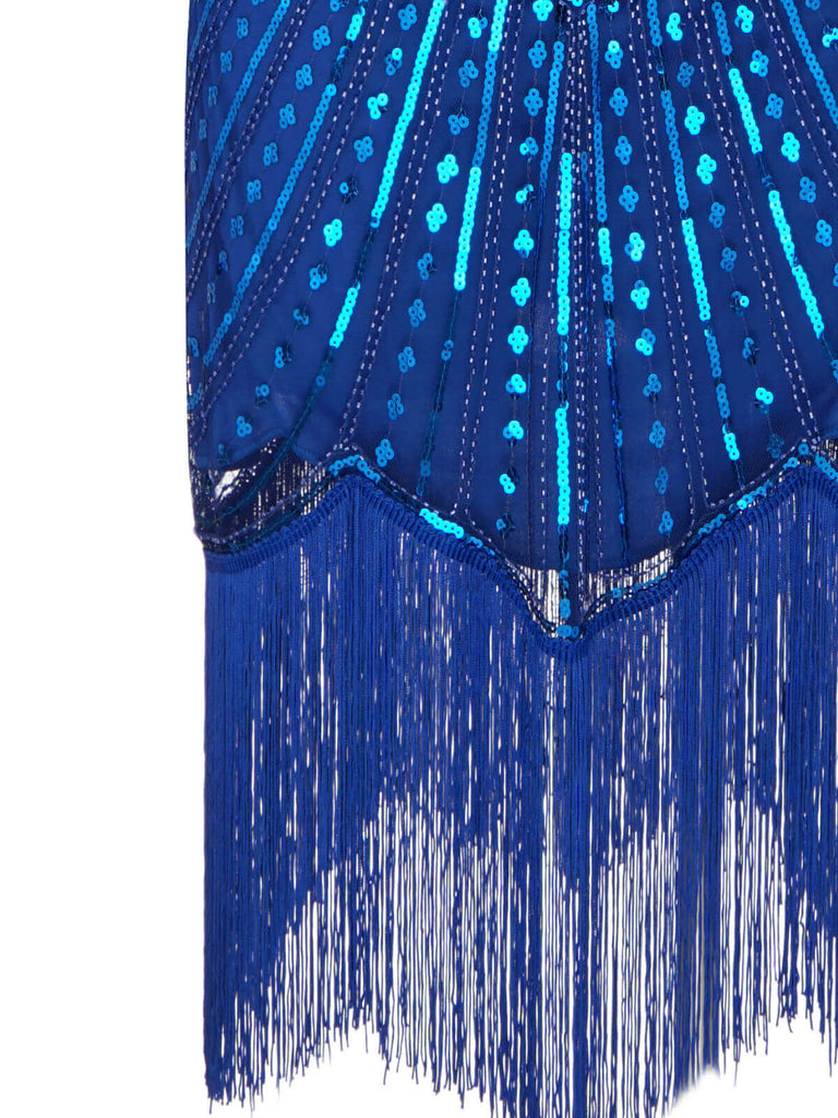 Robe Charleston Bleu Vintage Années 20 Gatsby Imprimer Perlée Frangé