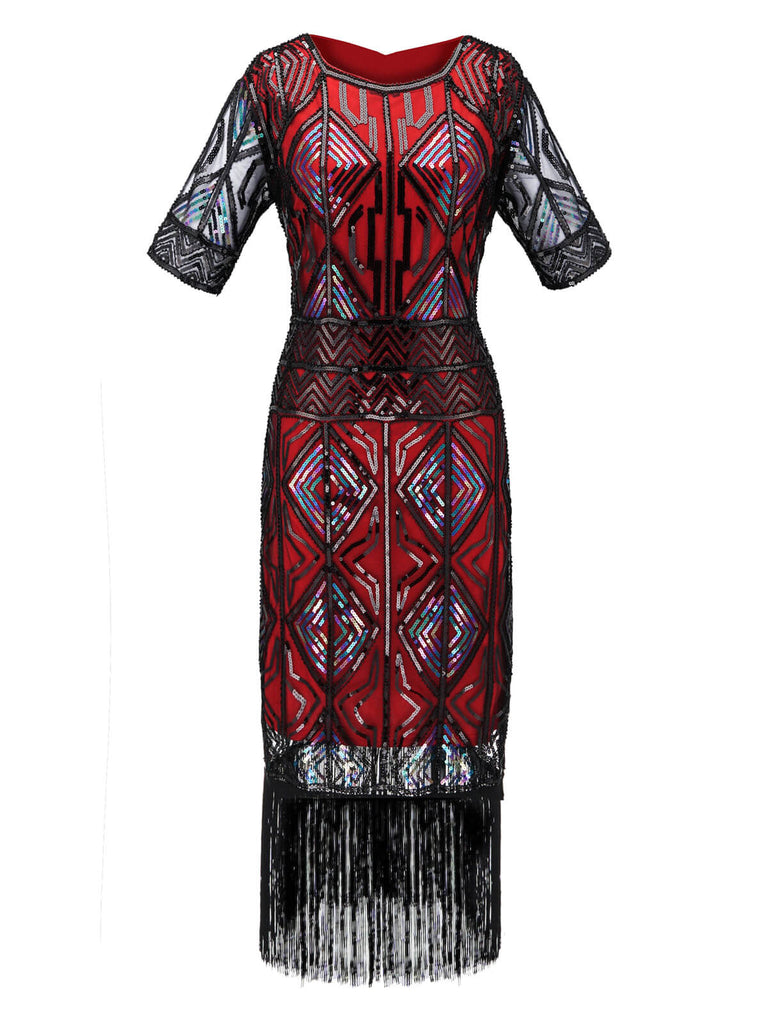 Robe Charleston Vintage Années 20 Gatsby Imprimée à Manches Courtes à Franges