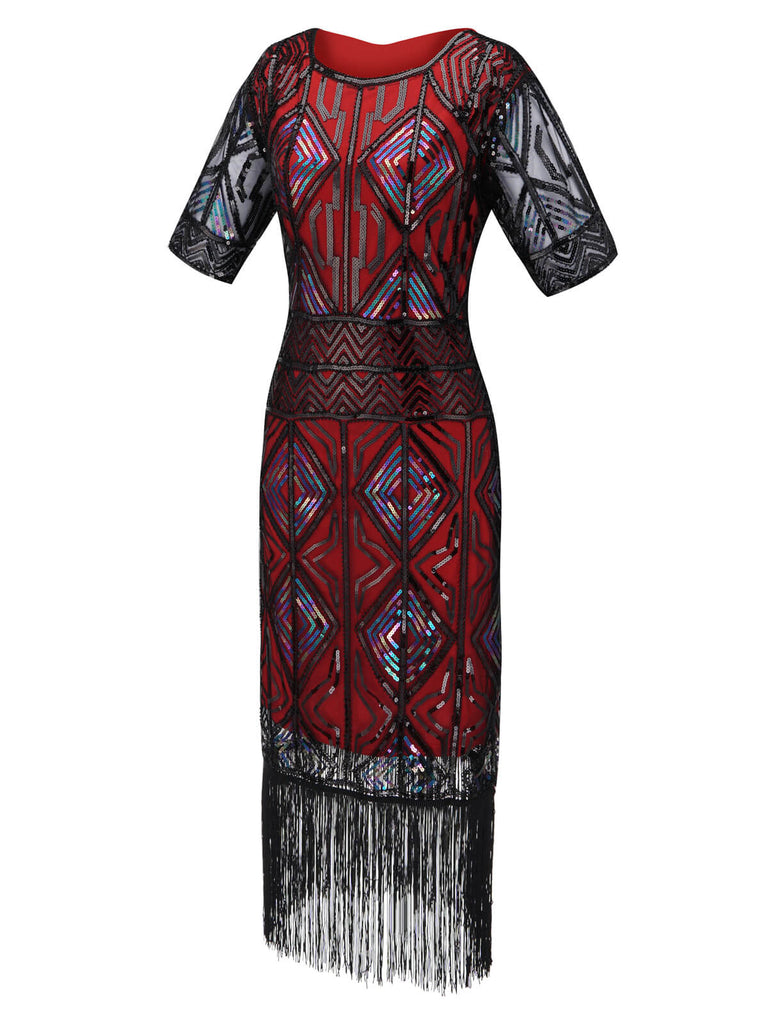 Robe Charleston Vintage Années 20 Gatsby Imprimée à Manches Courtes à Franges