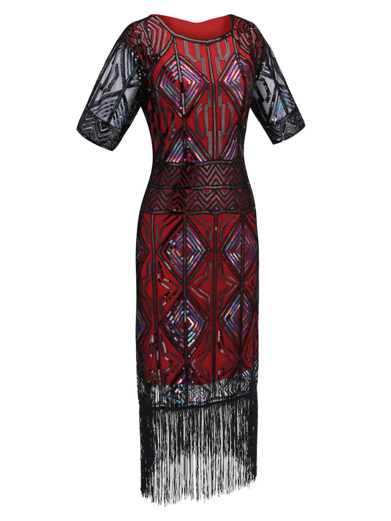 Robe Charleston Vintage Années 20 Gatsby Imprimée à Manches Courtes à Franges