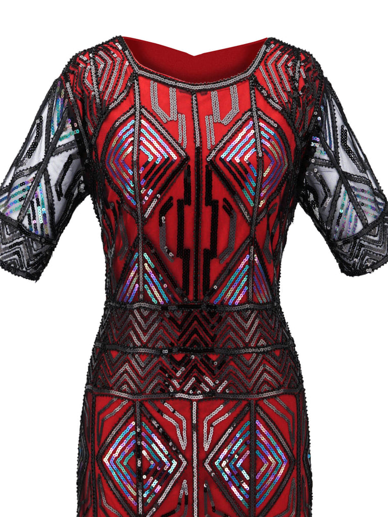 Robe Charleston Vintage Années 20 Gatsby Imprimée à Manches Courtes à Franges