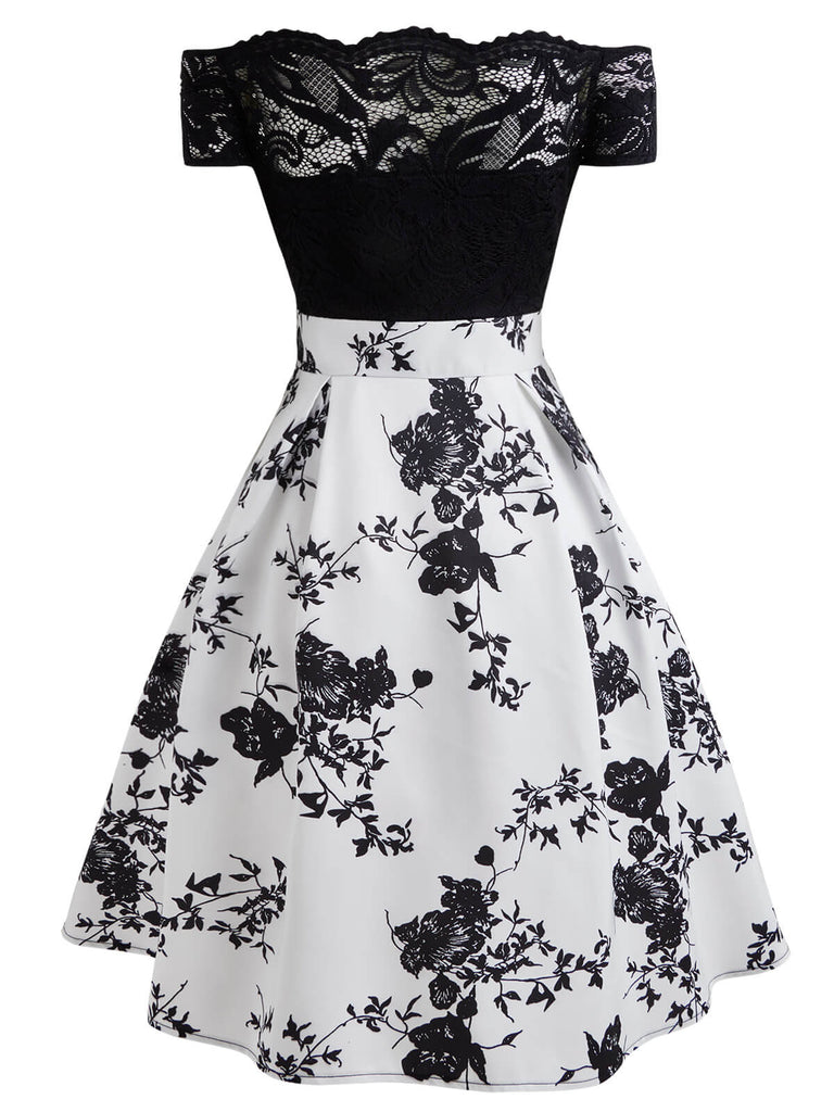 Robe Vintage Année 50 Noir Épaule Nue Dentelle Patchwork Soirée Cocktail