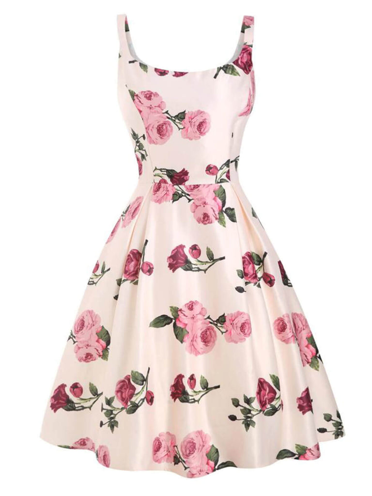 Robe Vintage Années 50 Trapèze À Fleurs Roses Pin Up Cocktail