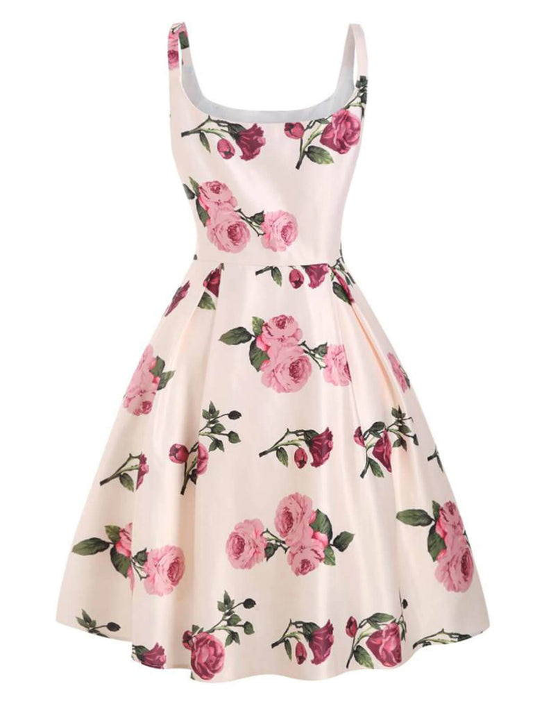 Robe Vintage Années 50 Trapèze À Fleurs Roses Pin Up Cocktail