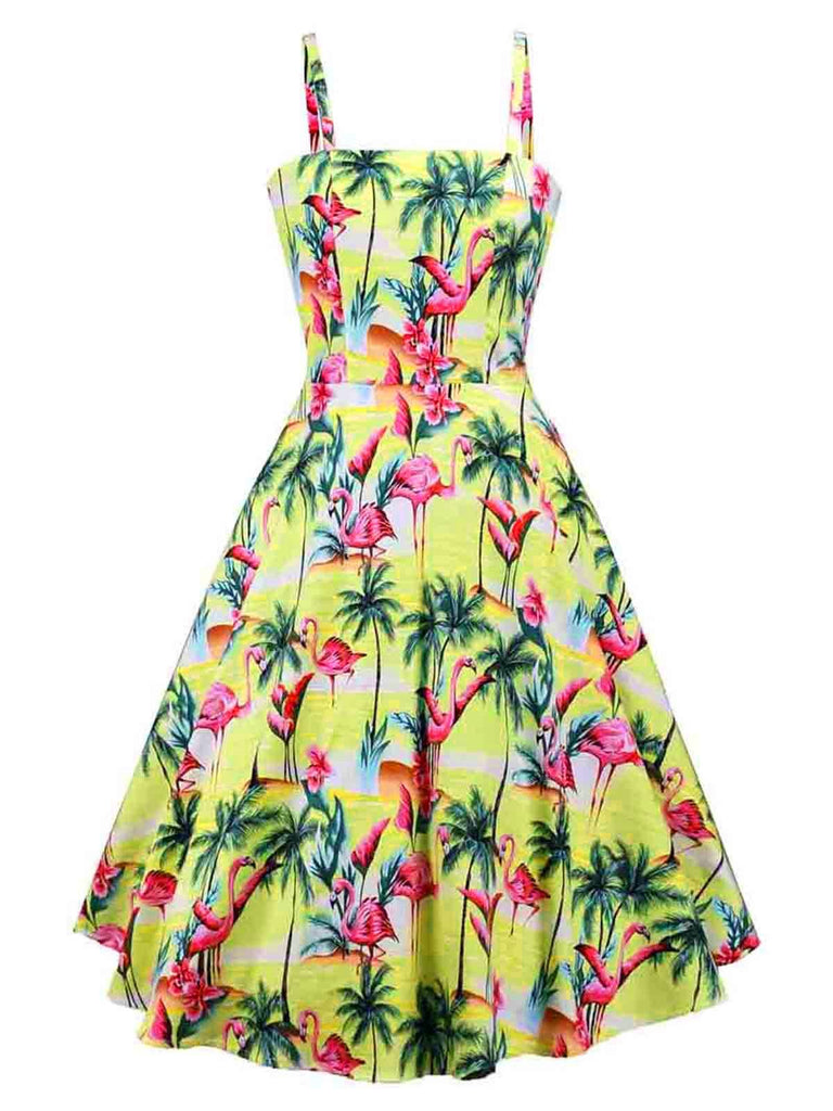 Robe Vintage Jaune Années 50 À Bretelles Flamant Pin Up