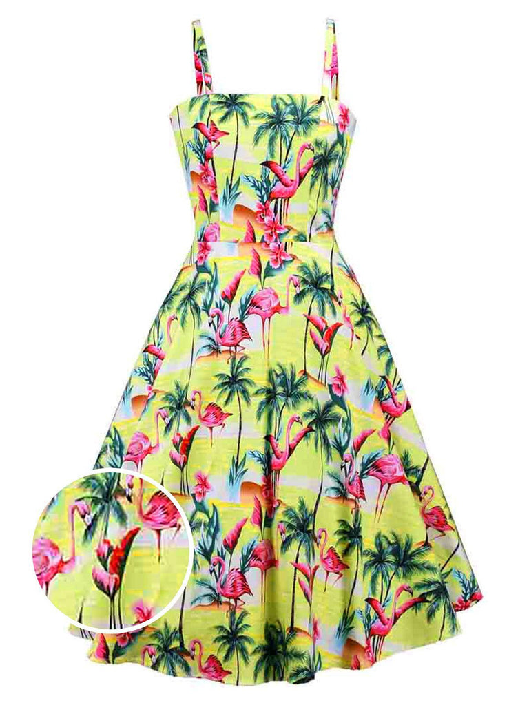 Robe Vintage Jaune Années 50 À Bretelles Flamant Pin Up