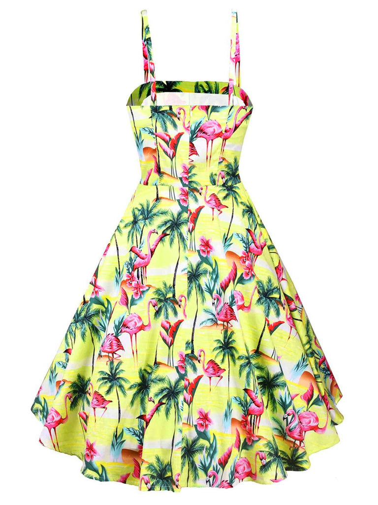 Robe Vintage Jaune Années 50 À Bretelles Flamant Pin Up
